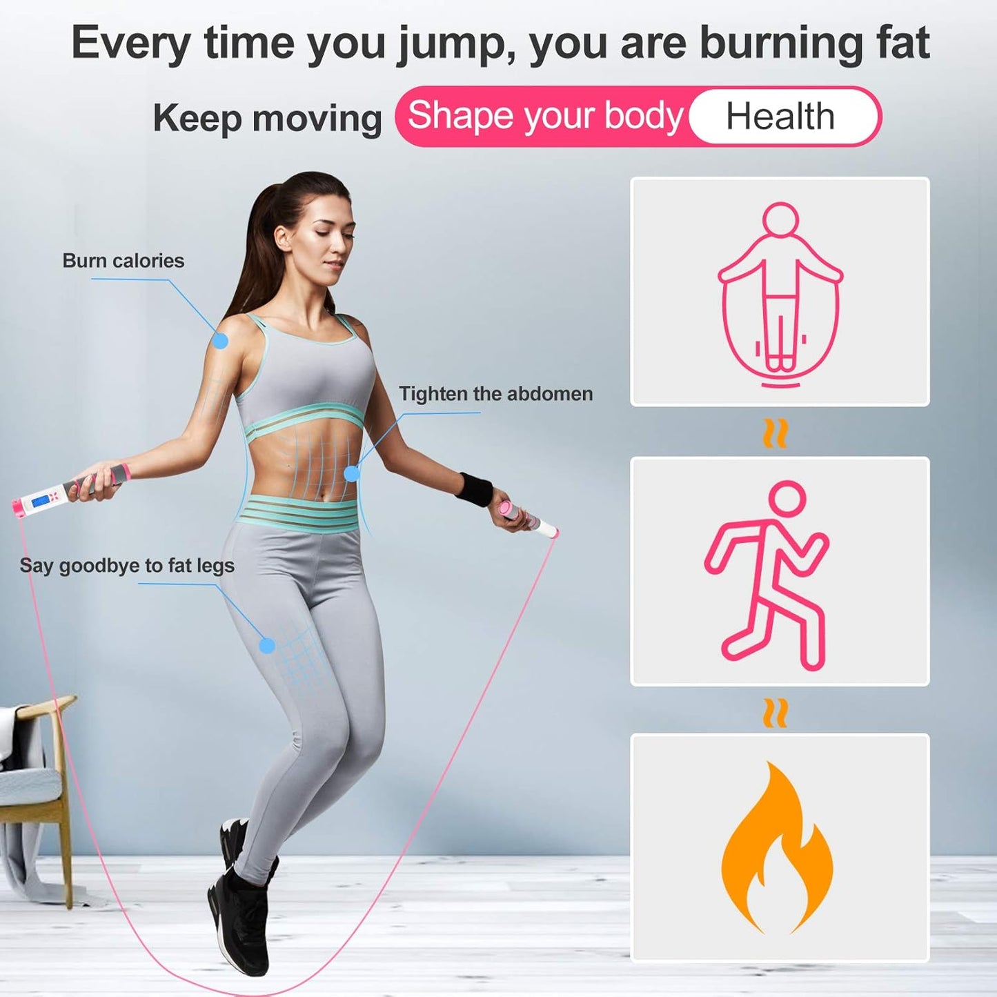 Jump Rope, Digital Weighted Handle Workout Jumping Rope with Calorie Counter for Fitness Exercise Boxing, Cordless Skipping Rope for Adults, Men, Women, Kids, Girls